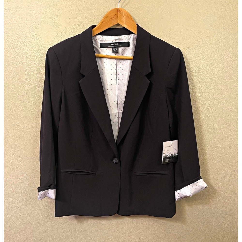 NEW Kensie Women's Black Twill Blazer Turn Out Cuffs Office Classy Size L